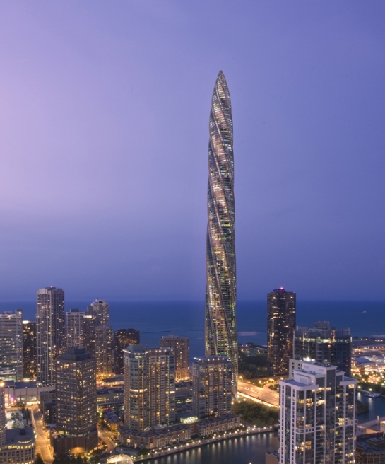 A rendering for the ill-fated 150-story Chicago Spire, designed by Santiago Calatrava. Its construction was halted in 2008. 